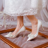 Luxury Pearl Bowknot Wedding Pumps Women Sexy Stiletto Heels Party Shoes Woman Silk Pointed Toe Rhonestone Pumps