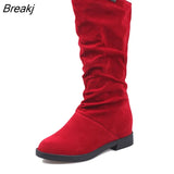 Spring Women Boots Matte Flock Boots For Female Ladies Height Increased Low Heel Shoes Lady Mid Calf High Boots Plus