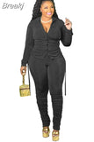 Casual Ruched Design Two Piece Sets Women Long Sleeve Side Lace Up Top And Stacked Pants Plus Size Solid Outfits