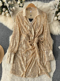 Sexy Sequins Glitter Mini Party Dress for Women Fashion Spring Solid V-neck Long Lace-up Sash A-line Short Club