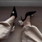Breakj New Pointed Thin With Super High With Silk Rose Back Empty Pearl Large Size Baotou Slipper