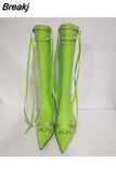 Green Women's High Boots Pointed Toe High Heels Stilettos Designer Shoes Sexy Demonia Boots Rivet Botas De Mujer