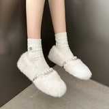 Women’s Plush Flat Shoes Fashion Pearl Cotton Shoes Outdoor Soft Sole Anti Slip Casual Shoes for Women Slip on Warm Fur