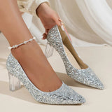 Shiny Crystal Silver Pumps Women 2024 New Clear Thick Heels Wedding Party Shoes Woman Plus Size Sequin Pointed Toe