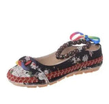 Size Flat Shoes Woman Beaded Strap Women Colorful Back Lace up Fashion Ladies Floral Cotton Fabric Women's