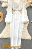 Sexy Women White Long Dress 2023 Spring Summer Fashion V-neck Lantern Sleeve Cut Out Side Split Club Party Maxi
