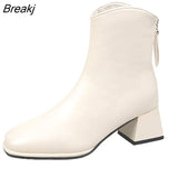 Winter Women's Boots Square Toe Solid Pu Leather Fashion Ankle Shoe Ladies Black Heels Outdoor Party Women High