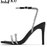 Sexy Silver Crystal Ankle Strap Sandals For Women 2023 Summer Square Open Toe Rhinestone Heels Party Prom Shoes Size