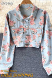 Floral Print Denim Jacket for Women 2023 New Autumn Fashion Long Sleeve Single Breasted Short Jeans Coat Casual