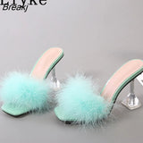 9CM Transparent High Heels Fur Slippers Women Feather Sandals Peep Toe Mules Lady Pumps Slides Party Shoes