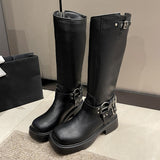 Belt Buckle Gothic Boots for Women Brown Thick Heels Knee High Combat Boots Woman Plus Size 42 Punk Long Botas