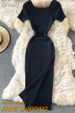Dress Summer Women Bodycon Sexy Dress 2023 Solid Square Collar Short-sleeve Knitting Stretch Split Midi Party Dress