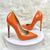 Shiny Orange Crocodile Effect Women Pointy Toe High Heel Shoes for Party Gorgeous Dress Stiletto Pumps Plus Size 44