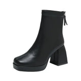 Women Ankle Boots Square High Heel Ladies Short Boots Woman Fashion PU Leather Round Toe Platform Boots Female