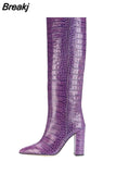 Women's Knee High Boots Tall Canister Sexy Women Boots Pointed Toe Chunky Heel Crocodile Print Women Boots High-heeled