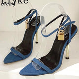 Summer New Blue Denim Women Sandals Fashion Pointed Open Toe Ankle Buckle Strap High Heels Wedding Stripper Shoes