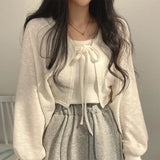 White Knitted Cardigan Women Summer Thin Sunscreen Lace-Up Knitwear Tops Female Korean Style Lantern Sleeve Short