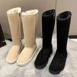 Cow Suede Knee-High Snow Boots for Women Hot Sale Winter Flat with Rubber Ladies Shoes Slip-on Round Toe Zipper