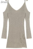 Autumn Thin Sexy Y2k Mini Dress Korean Fashion Elegant Knitted Dress Woman Casual Pure Color Short Party Dress Slim