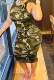 Fashion Camouflage Print Bodycon Mid Dresses Women Thin Strap Slim Vestidos Summer Female Streetwear Dress 2023