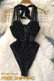 Sexy Transparent Mesh Patchwork Floral Lace Bodysuits Women Fashion Clothes Lace-up Hater Sleeveless Party Body
