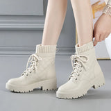 Style Little Martin Boots, Leather, Thick Soles, Fluffy Rice, White Ties, Flat-Soled Chelsea