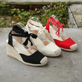 Women's Espadrille Ankle Strap Wedges Sandals Ladies Slippers 2023 Summer Woman Flax Hemp Canvas Casual Pumps Shoes