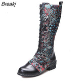 New Women's Knee Boots Bohemian Mid-calf Boots Women Vintage Boots Women Shoes Woman Zipper Printing Women's