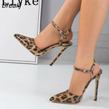 Sexy Leopard Grain Women Pumps Sandals Pointed Toe Buckle Strap Stiletto High Heels Mules Female Party Dress Shoes Size