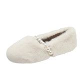Women’s Plush Flat Shoes Fashion Pearl Cotton Shoes Outdoor Soft Sole Anti Slip Casual Shoes for Women Slip on Warm Fur