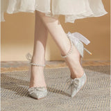 pearl decorative high heels， 18 years old Mitzvah crystal wedding shoes Bride shoes New thin heels 8cm6cm