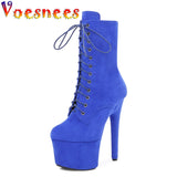 Women Candy Color 17CM Pole Dance Boots New Pure Colour Suede Nightclub Performance Shoes Waterproof Platform Lace Up High