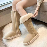 Cow Suede Knee-High Snow Boots for Women Hot Sale Winter Flat with Rubber Ladies Shoes Slip-on Round Toe Zipper