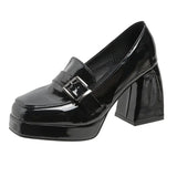 lolita shoes Chunky Platform shoes Loafers Heel Patent Leather Slip On Casual Shoes Women Lady Office Shoes black