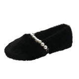 Women’s Plush Flat Shoes Fashion Pearl Cotton Shoes Outdoor Soft Sole Anti Slip Casual Shoes for Women Slip on Warm Fur