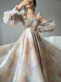 One Piece Dress Korean Fashion Beach 2023 Summer Casual French Elegant Midi Dress Woman Long Sleeve Vintage Floral