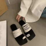 Breakj Version Of Fine Belt Combination One Word Soft Leather Square Head Slippers Female Open Toe Flat Bottom Beach