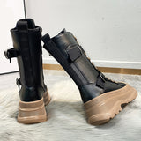 Punk Chunky Platform Motorcycle Boots Women 2023 Mixed Color Lace Up Mid Calf Boots Woman Thick Bottom Pu Leather