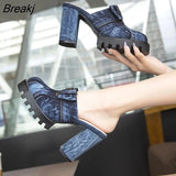 2022 Summer Women Sandals Baotou Denim Slides Shoes Square Heels Bottom Outdoor Beach Casual Platform Non-slip