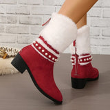 Winter Fur Warm Snow Boots Women Fashion Pearl Thick Heels Mid Calf Boots Woman Christmas Thicken Plush Cotton Padded