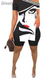 Fashion Printing Side Slit Top Two Piece Sets Women One Shoulder Tops + Shorts Outfits Summer Steetwear 2pcs