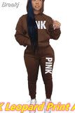 Two Piece Set Women Hooded Sweatsuits Fashion Pink Letter Leopard Print Tracksuit Casual Female Outfits Streetwear