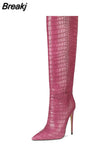 Custom Colors Pointed Women High Heel Boots Solid Color Crocodile Pattern Fine Heel Rubber Sole Madam Shoes Botas