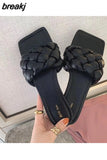 Fashion Weave Slippers Women Square Toe Flat Casual Shoes Women Slide 2023 Summer Flip Flops Beach Sandal Slipper Big