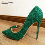 Green Women Glitter Sexy Pointed Toe Stilletto Pumps Ladies Sparkly Party High Heels Shiny Wedding Shoes 8cm 10cm