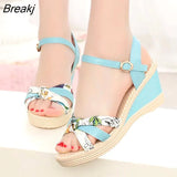 Summer Wedges Sandals Flower Print High Heels Sandal Woman Roma Platform Sandal Peep Toe sandalias mujer