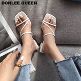 Fashion Women Slippers Square Low Heels Sandals Summer Flip Flops Brand Slipper Elegant Slides Zebra Shoes Zapatillas