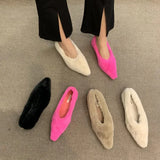 Toe Fur Ballet Flat Woman Shoes Winter Warm Plush Shallow Loafer Ladies Concise Furry Heeled Dress Shoes Zapatos
