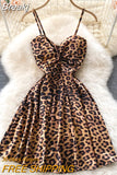 Twist V-neck Spaghetti Strap Mini Party Dress Women Leopard Print Sleeveless High Waist A-line Club Night Out Dress