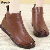Genuine Leather Winter Boots For Women Flat Heel Waterproof Comfortable Booties Round Toe Zip Non-slip Ankle Boots